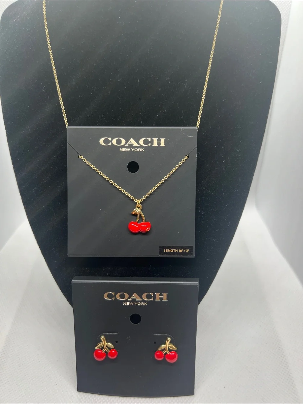 Coach Gold-Tone Cherry Necklace and Stud Earrings with Red Enamel